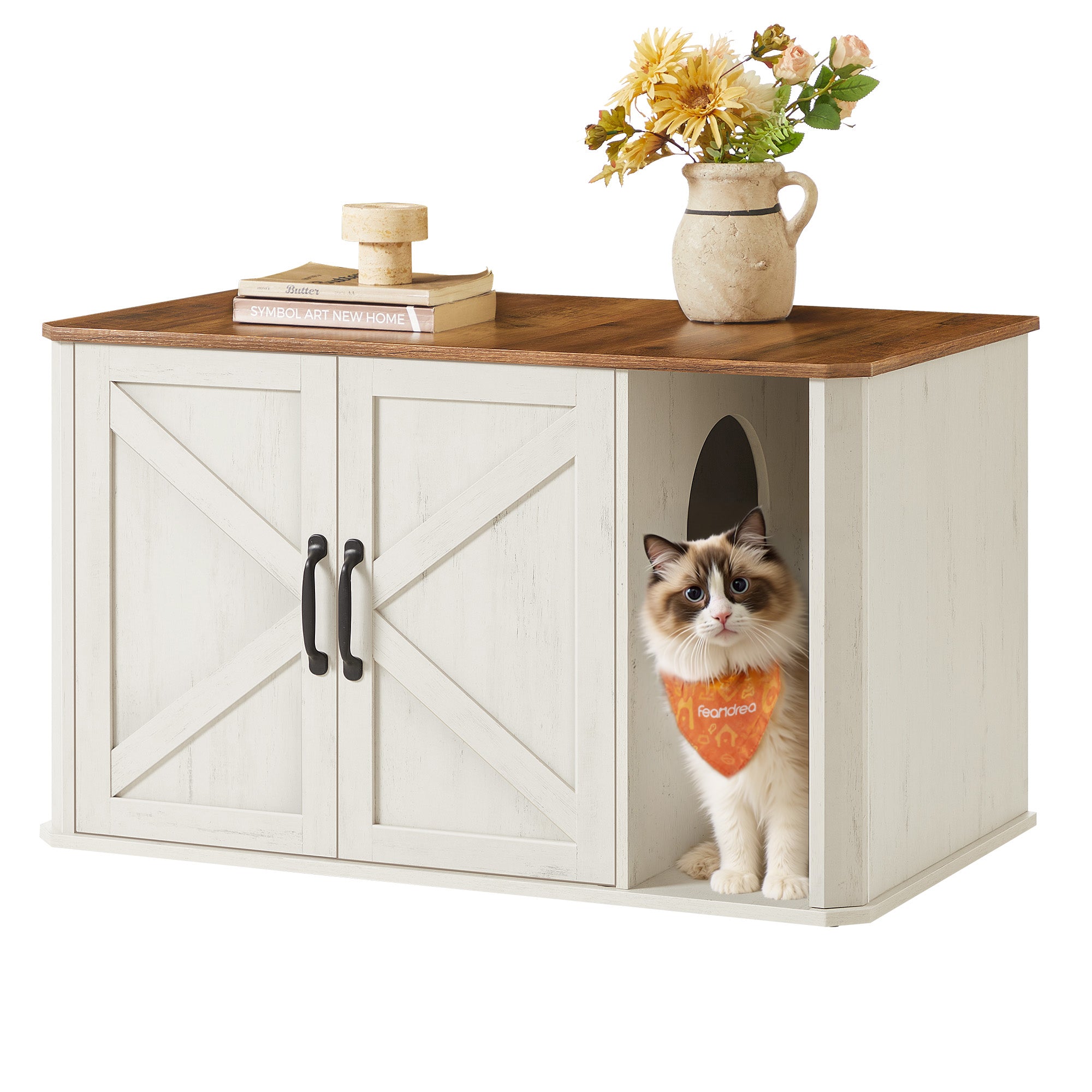 Feandrea kissatalo, moderni kissanvessakaappi etusisäänkäynnillä, kaksoisovilla ja kahvoilla, sivupöydäksi, 85 x 48.5 x 50cm, hunajapuunruskea–vintagevalkoinen