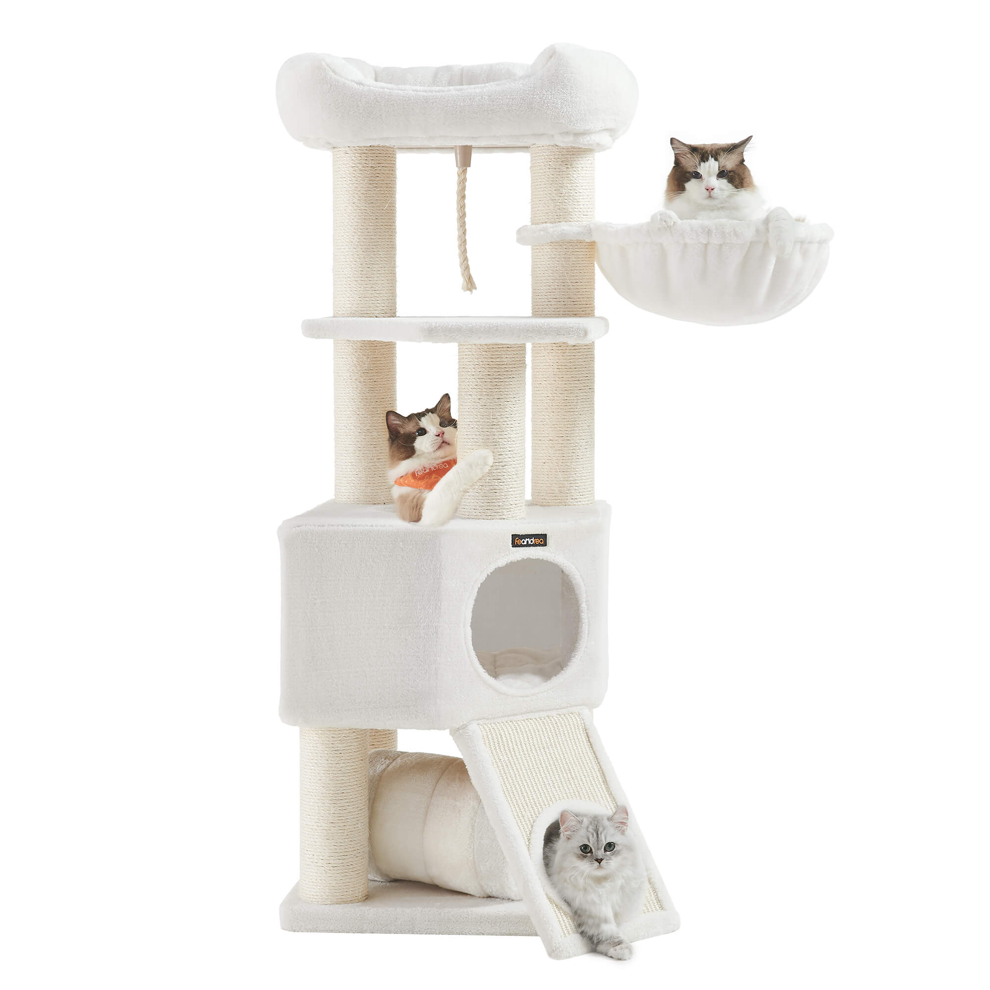 Feandrea Suuri raapimispuu, luola, riippumatto, plyysitaso, tunneli, sisalpylvästä, raapimislauta, 50 x 50 x 141cm, kerma