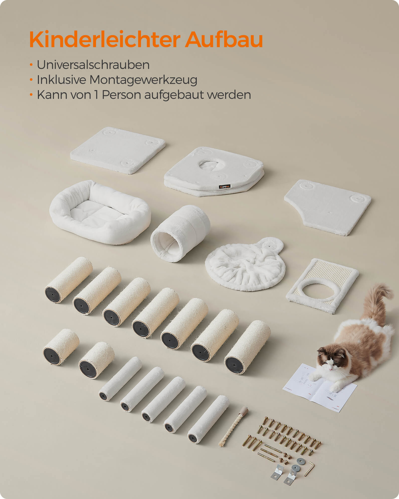 Feandrea Suuri raapimispuu, luola, riippumatto, plyysitaso, tunneli, sisalpylvästä, raapimislauta, 50 x 50 x 141cm, kerma