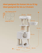 Feandrea Suuri raapimispuu, luola, riippumatto, plyysitaso, tunneli, sisalpylvästä, raapimislauta, 50 x 50 x 141cm, kerma