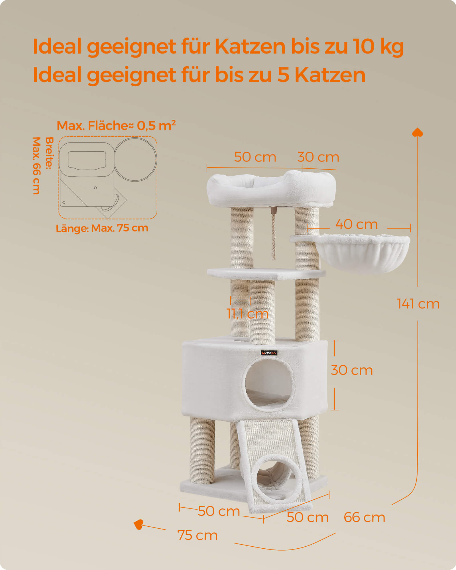 Feandrea Suuri raapimispuu, luola, riippumatto, plyysitaso, tunneli, sisalpylvästä, raapimislauta, 50 x 50 x 141cm, kerma