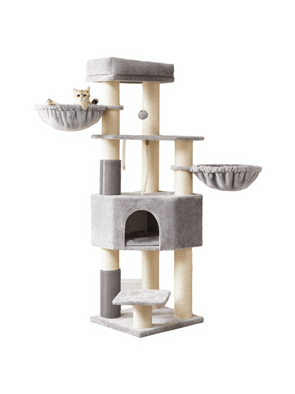 Feandrea Raapimispuu suurille kissoille itse-lämpenevillä huovilla, 2 harjaa, 11,1cm paksut tolpat, suuret tasot, luola, 50 x 50 x 160cm, harmaan