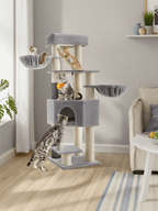 Feandrea Raapimispuu suurille kissoille itse-lämpenevillä huovilla, 2 harjaa, 11,1cm paksut tolpat, suuret tasot, luola, 50 x 50 x 160cm, harmaan