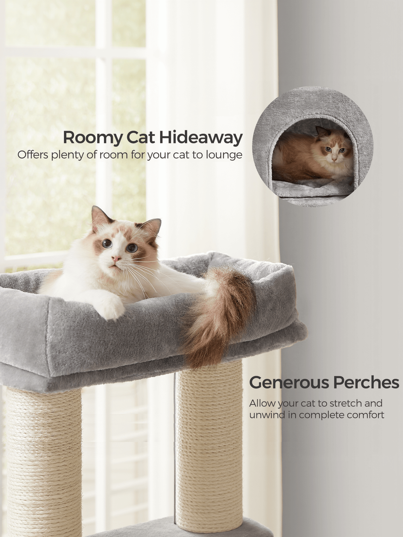 Feandrea Raapimispuu suurille kissoille itse-lämpenevillä huovilla, 2 harjaa, 11,1cm paksut tolpat, suuret tasot, luola, 50 x 50 x 160cm, harmaan