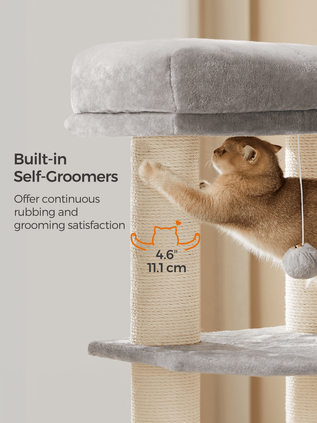 Feandrea Raapimispuu suurille kissoille itse-lämpenevillä huovilla, 2 harjaa, 11,1cm paksut tolpat, suuret tasot, luola, 50 x 50 x 160cm, harmaan