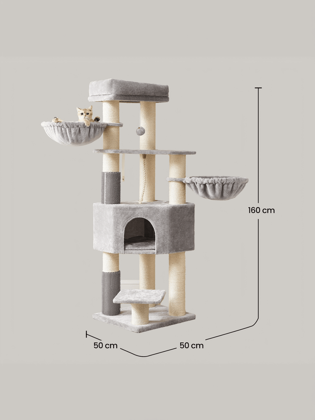Feandrea Raapimispuu suurille kissoille itse-lämpenevillä huovilla, 2 harjaa, 11,1cm paksut tolpat, suuret tasot, luola, 50 x 50 x 160cm, harmaan