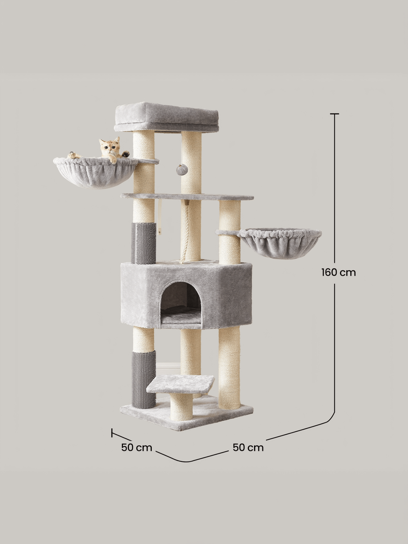 Feandrea Raapimispuu suurille kissoille itse-lämpenevillä huovilla, 2 harjaa, 11,1cm paksut tolpat, suuret tasot, luola, 50 x 50 x 160cm, harmaan