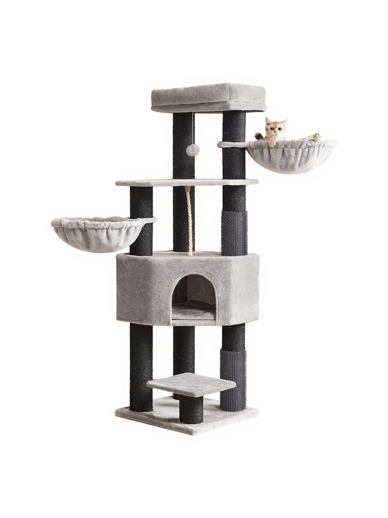 Kissanpuu lämpimällä matolla, 50 x 50 x 160cm, raapimispuu, peti, riippumatot, tasot, harmaanruskea ja musta