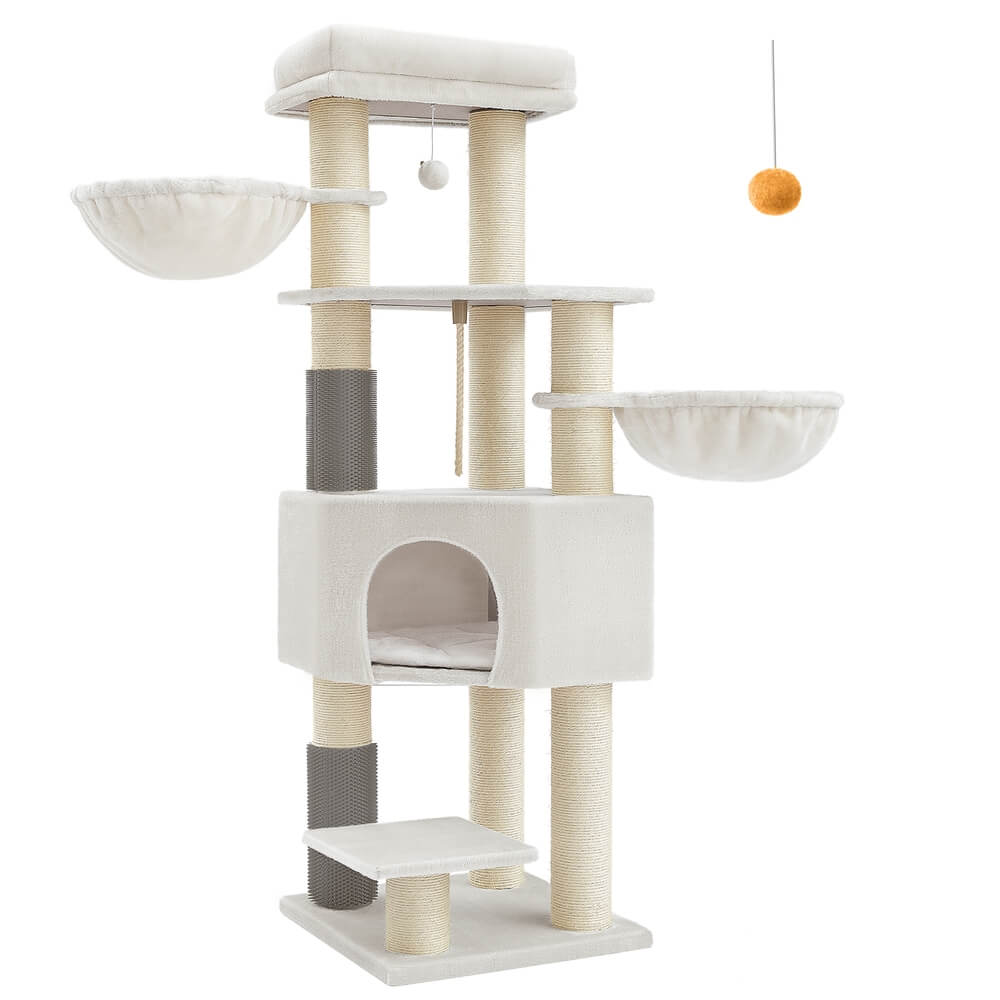 Feandrea Suuri raapimispuu itse-lämpenevällä peitolla, 2 harjaa, 10,5cm paksu pylväs, suuri taso, 50 x 50 x 160cm, kerma-beige