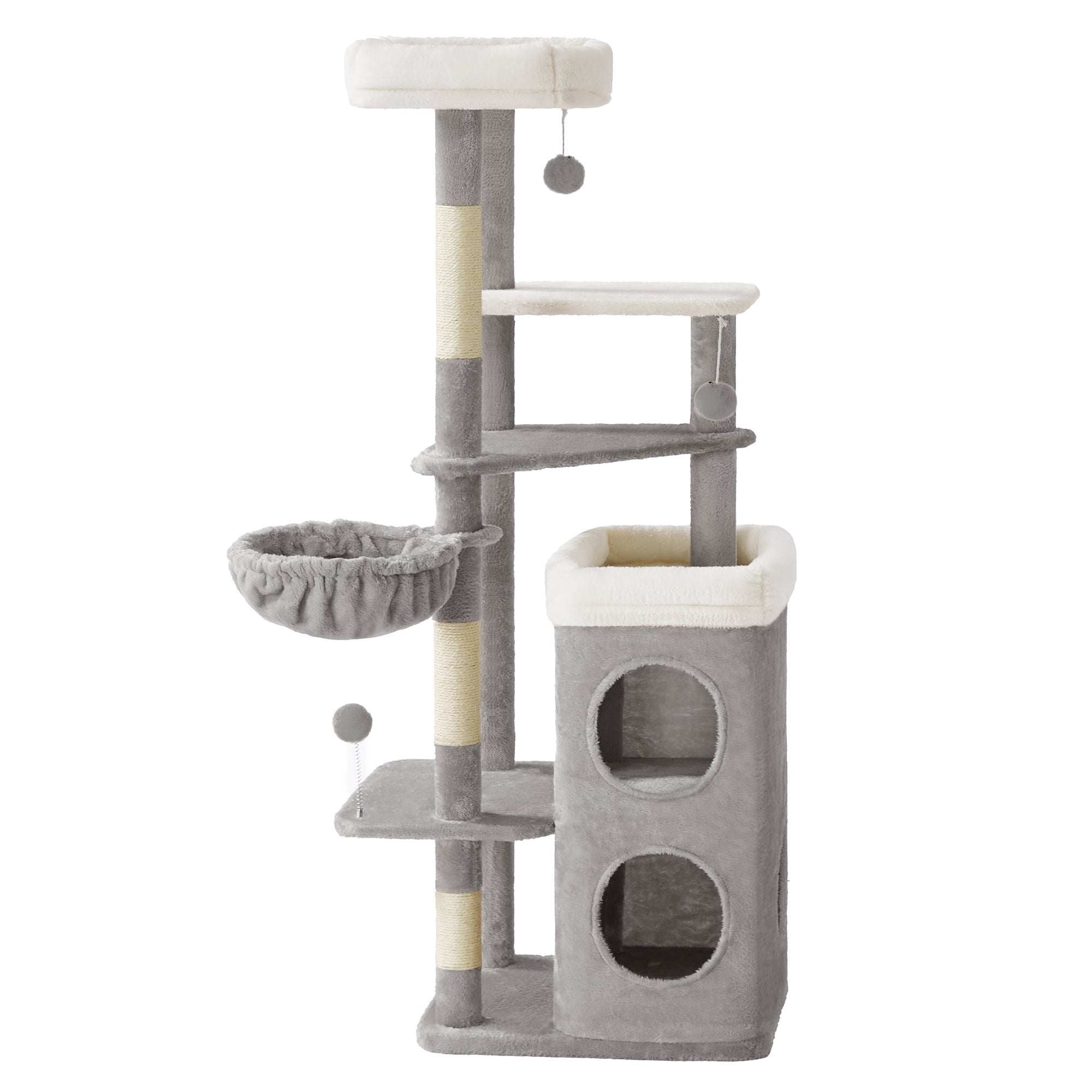 Feandrea Raapimispuu, korkeus 152cm, monitasoinen, 2 suurta makuupaikkaa, 1 nukkumapaikka, 3 raapimisaluetta, 3 tasoa, kyyhkynharmaa