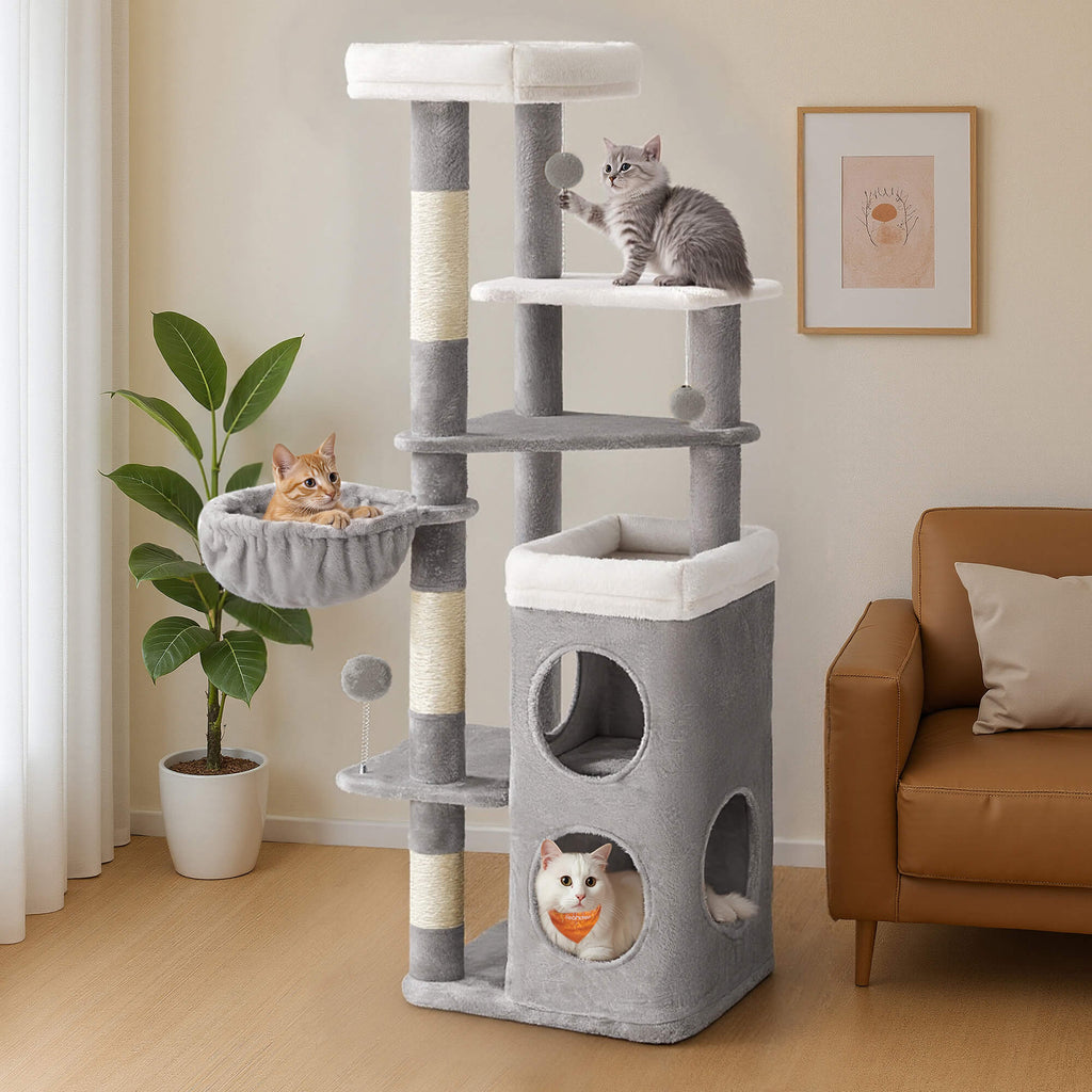 Feandrea Raapimispuu, korkeus 152cm, monitasoinen, 2 suurta makuupaikkaa, 1 nukkumapaikka, 3 raapimisaluetta, 3 tasoa, kyyhkynharmaa