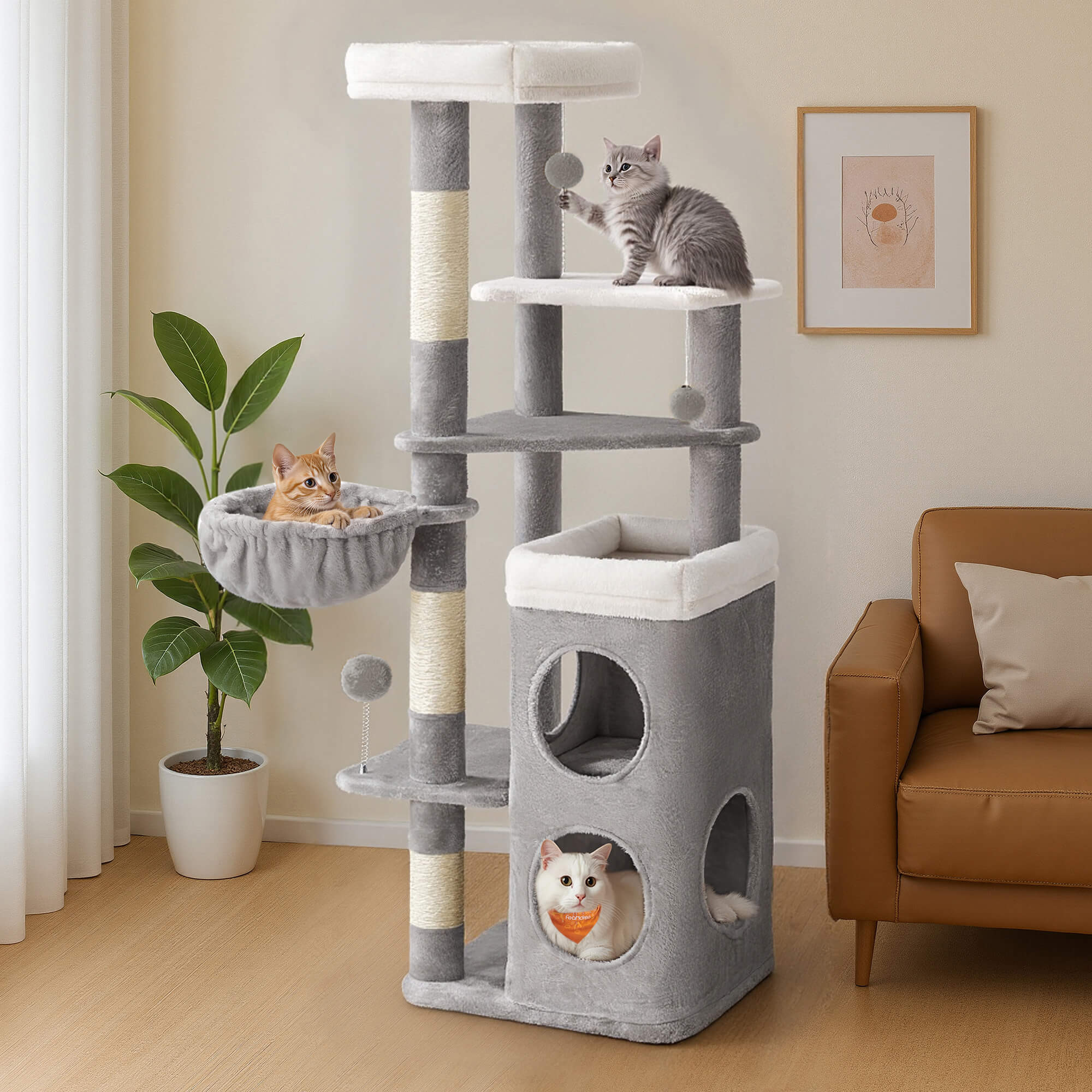 Feandrea Raapimispuu, korkeus 152cm, monitasoinen, 2 suurta makuupaikkaa, 1 nukkumapaikka, 3 raapimisaluetta, 3 tasoa, kyyhkynharmaa