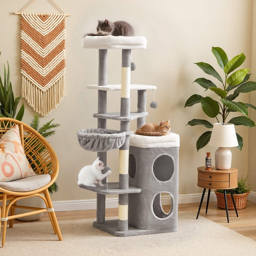 Feandrea Raapimispuu, korkeus 152cm, monitasoinen, 2 suurta makuupaikkaa, 1 nukkumapaikka, 3 raapimisaluetta, 3 tasoa, kyyhkynharmaa