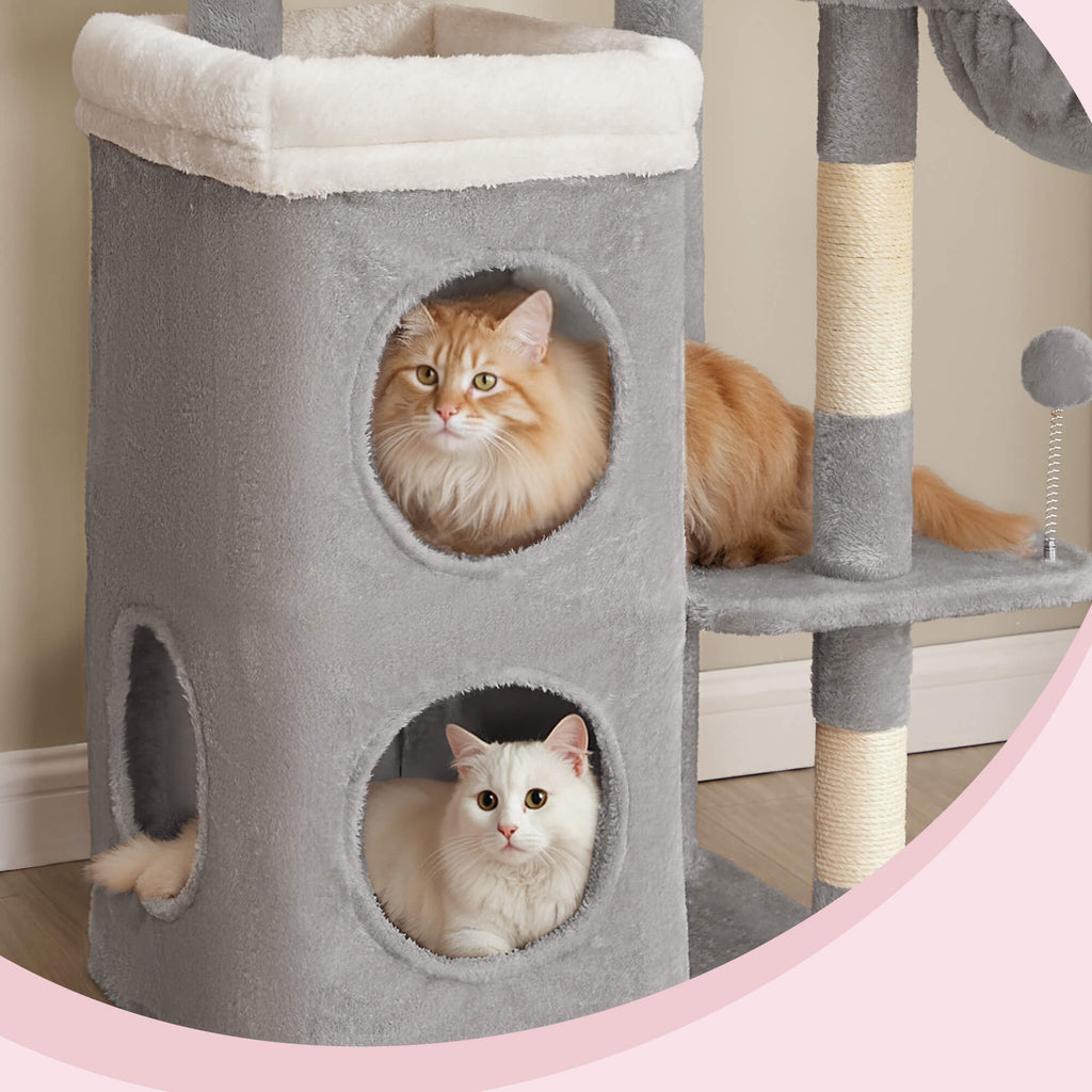 Feandrea Raapimispuu, korkeus 152cm, monitasoinen, 2 suurta makuupaikkaa, 1 nukkumapaikka, 3 raapimisaluetta, 3 tasoa, kyyhkynharmaa