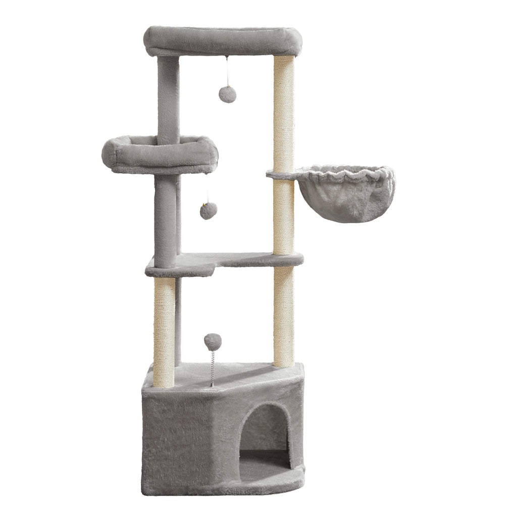 Feandrea Raapimispuu, kissanpuu, 48,5 x 48,5 x 140,7cm, suuri luola, suuret tasot, plyysipallot, riippumatto, harmaanbeige