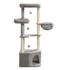 Feandrea Raapimispuu, kissanpuu, 48,5 x 48,5 x 140,7cm, suuri luola, suuret tasot, plyysipallot, riippumatto, harmaanbeige