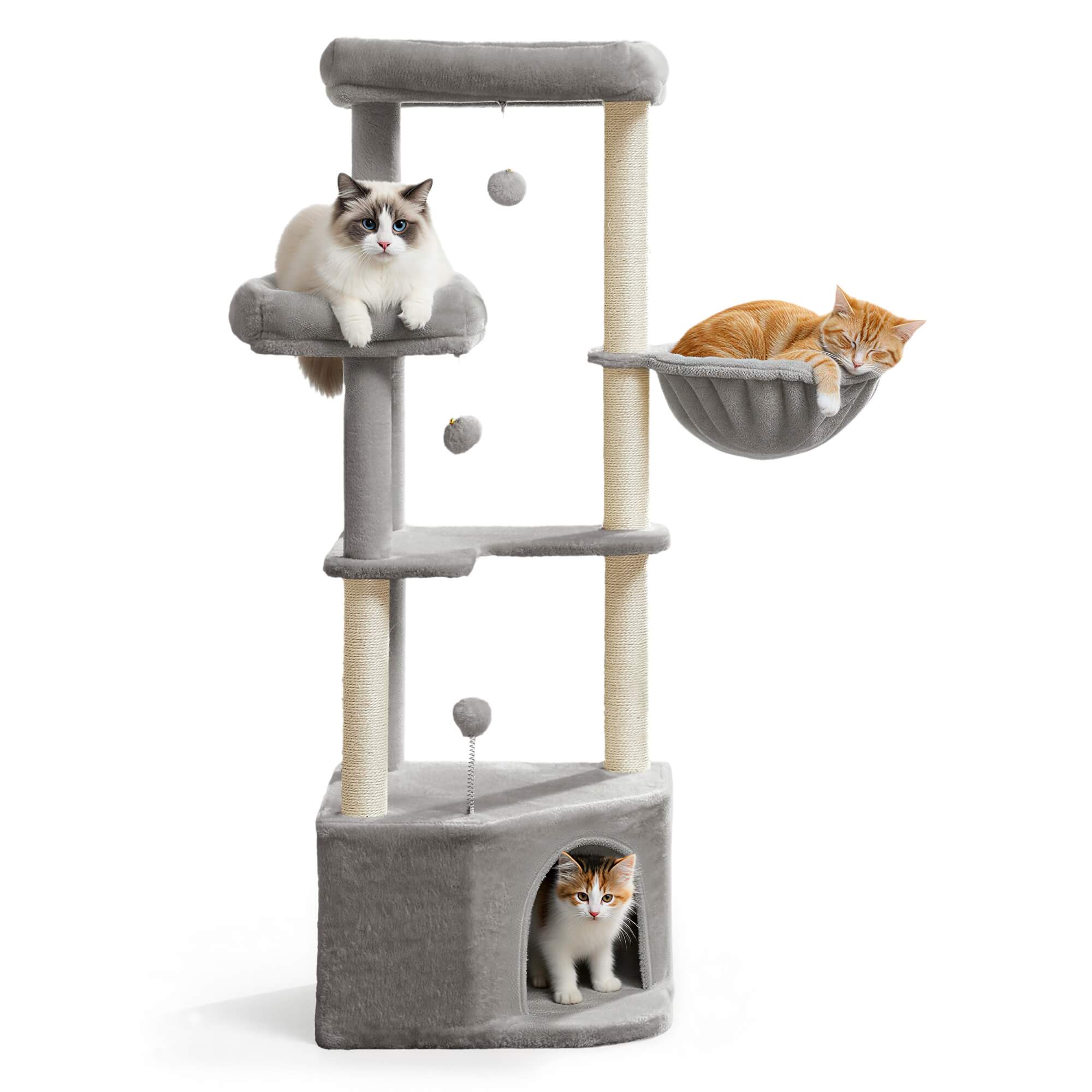 Feandrea Raapimispuu, kissanpuu, 48,5 x 48,5 x 140,7cm, suuri luola, suuret tasot, plyysipallot, riippumatto, harmaanbeige