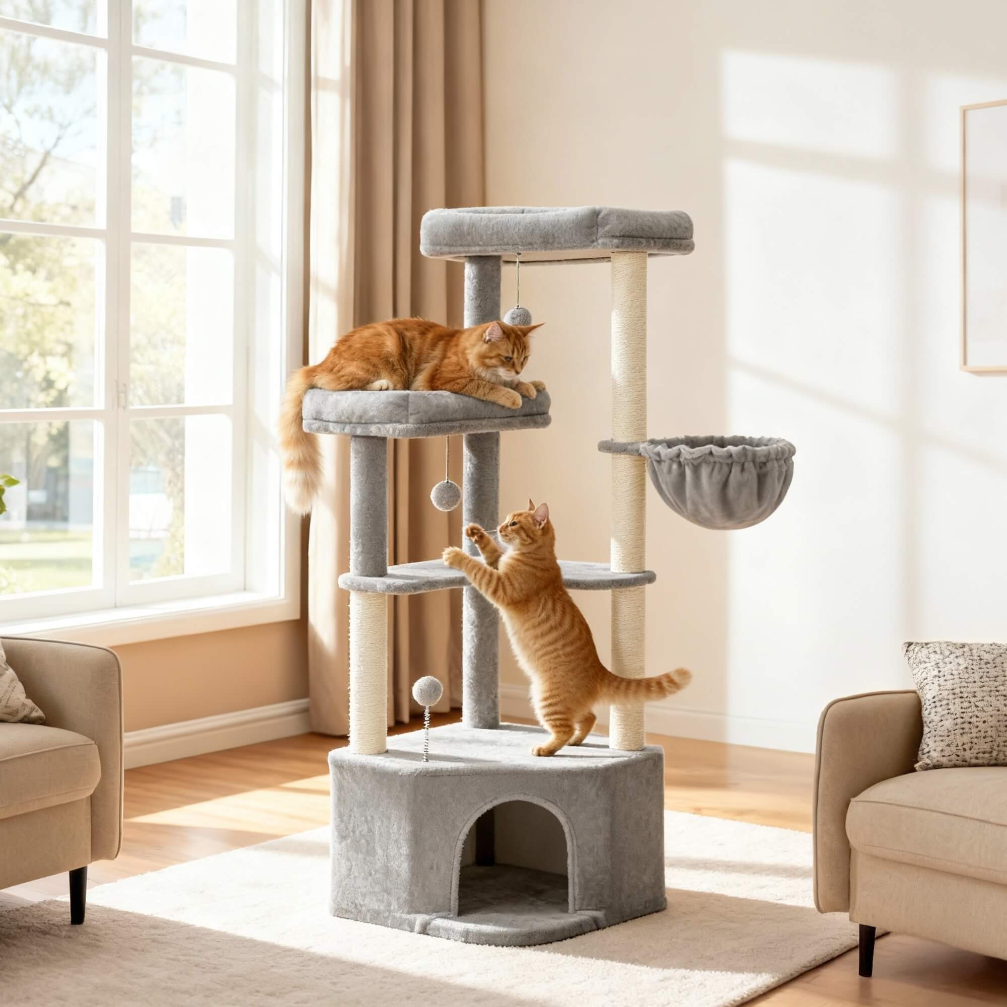 Feandrea Raapimispuu, kissanpuu, 48,5 x 48,5 x 140,7cm, suuri luola, suuret tasot, plyysipallot, riippumatto, harmaanbeige