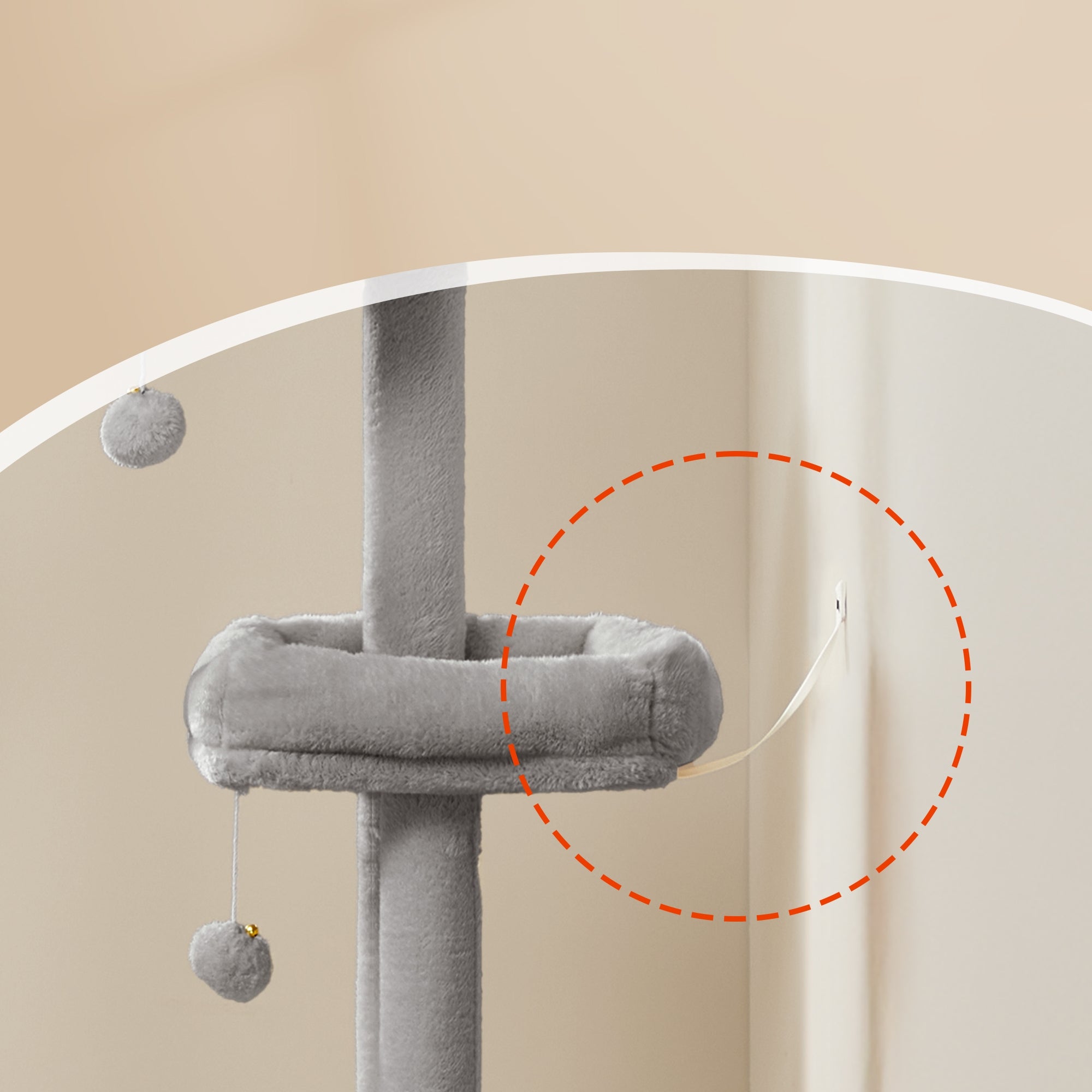 Feandrea Raapimispuu, kissanpuu, 48,5 x 48,5 x 140,7cm, suuri luola, suuret tasot, plyysipallot, riippumatto, harmaanbeige