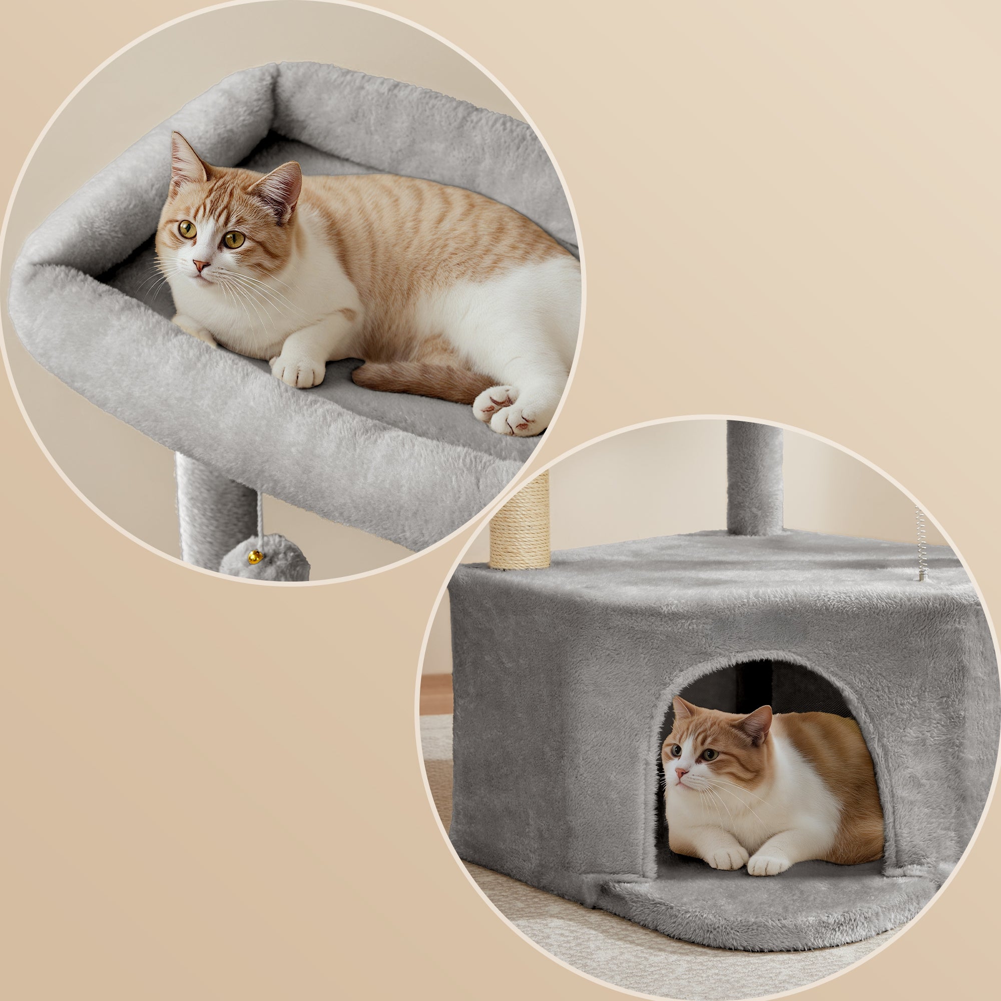 Feandrea Raapimispuu, kissanpuu, 48,5 x 48,5 x 140,7cm, suuri luola, suuret tasot, plyysipallot, riippumatto, harmaanbeige