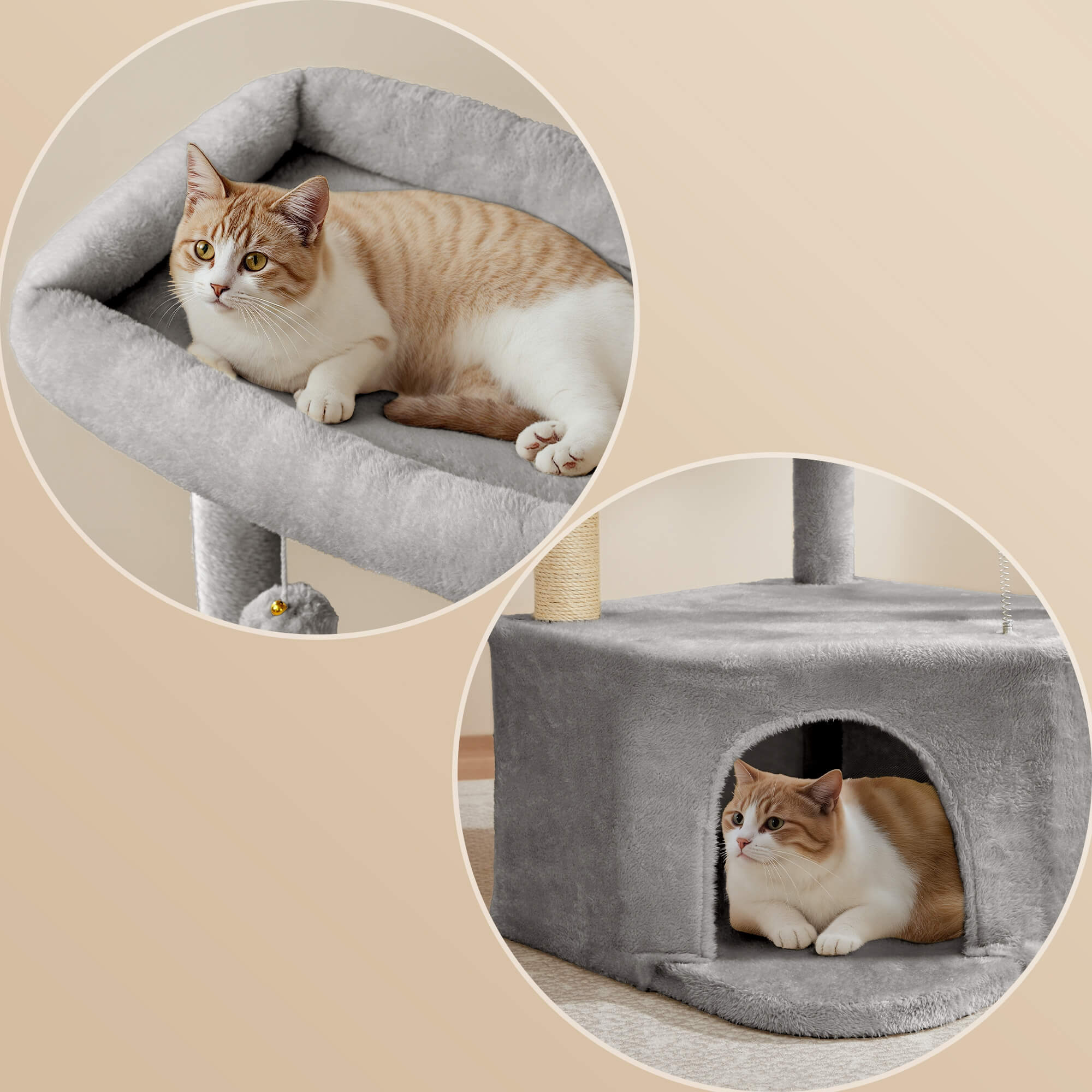 Feandrea Raapimispuu, kissanpuu, 48,5 x 48,5 x 140,7cm, suuri luola, suuret tasot, plyysipallot, riippumatto, harmaanbeige