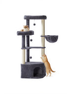 Feandrea Kissanpuu, 48,5 x 48,5 x 140,7cm, torni luolalla, suurilla tasoilla, plyysipalloilla ja riippumatolla, tummanharmaa