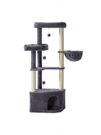 Feandrea Kissanpuu, 48,5 x 48,5 x 140,7cm, torni luolalla, suurilla tasoilla, plyysipalloilla ja riippumatolla, tummanharmaa