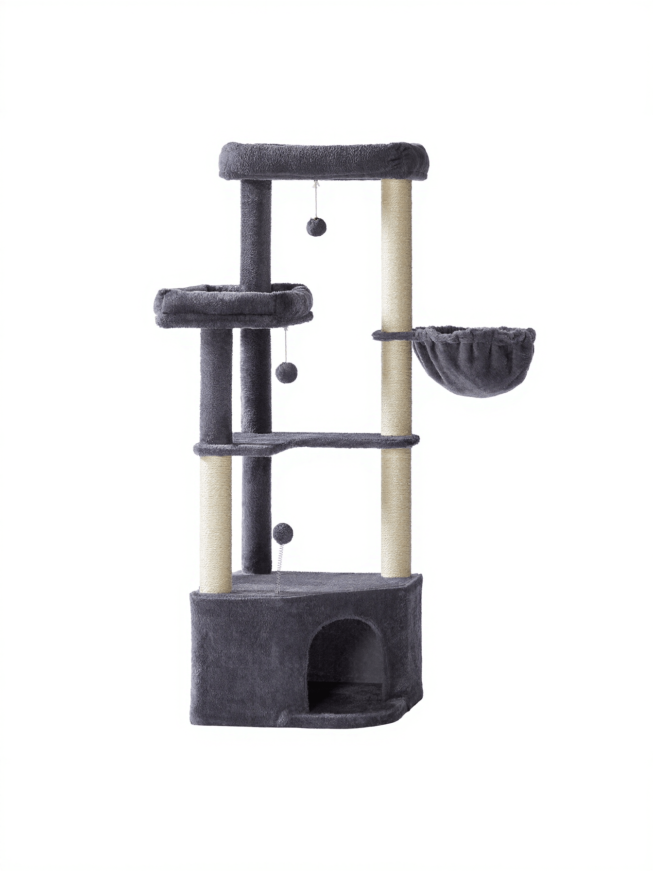 Feandrea Kissanpuu, 48,5 x 48,5 x 140,7cm, torni luolalla, suurilla tasoilla, plyysipalloilla ja riippumatolla, tummanharmaa