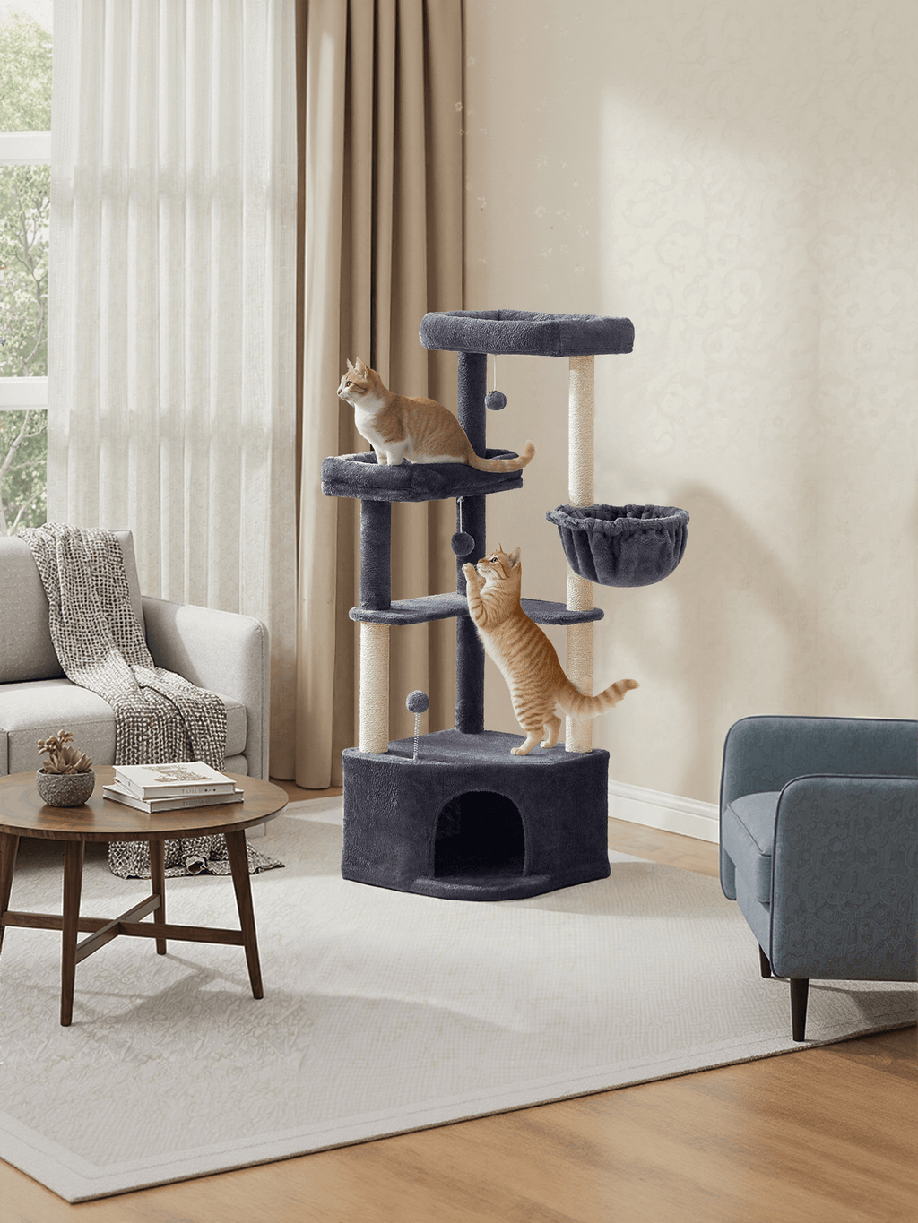 Feandrea Kissanpuu, 48,5 x 48,5 x 140,7cm, torni luolalla, suurilla tasoilla, plyysipalloilla ja riippumatolla, tummanharmaa