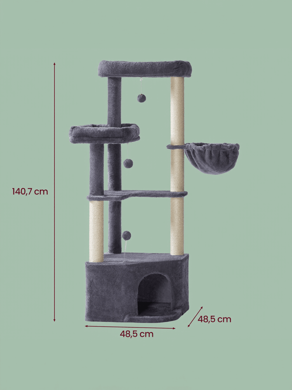 Feandrea Kissanpuu, 48,5 x 48,5 x 140,7cm, torni luolalla, suurilla tasoilla, plyysipalloilla ja riippumatolla, tummanharmaa