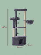 Feandrea Kissanpuu, 48,5 x 48,5 x 140,7cm, torni luolalla, suurilla tasoilla, plyysipalloilla ja riippumatolla, tummanharmaa