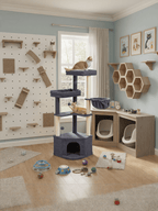 Feandrea Kissanpuu, 48,5 x 48,5 x 140,7cm, torni luolalla, suurilla tasoilla, plyysipalloilla ja riippumatolla, tummanharmaa