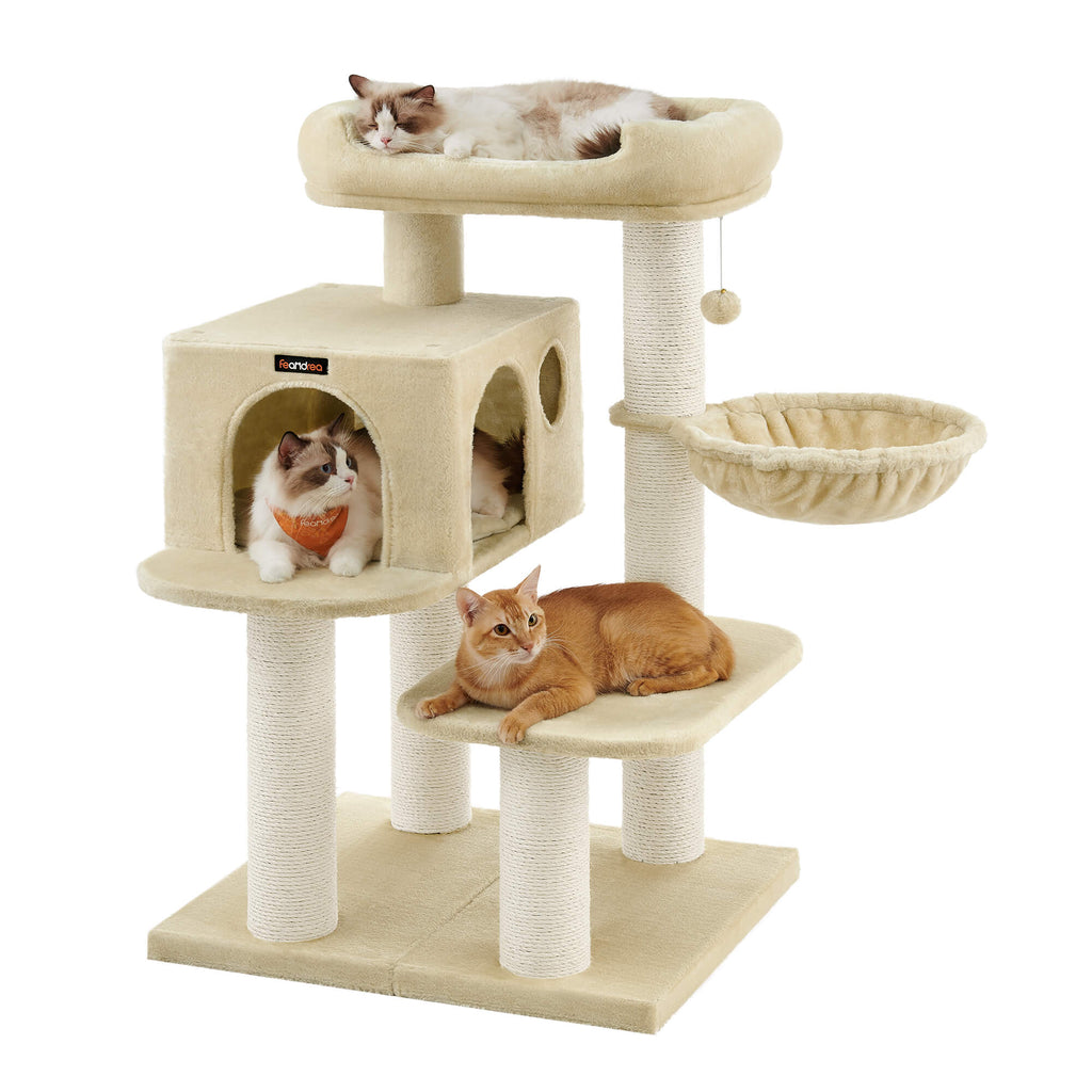 FEANDREA Raapimispuu XXL-näköalalla, riippumatto, suuri pesä, säädettävä osat, paksut sisalpäällysteiset pylväät, vakaa, beige