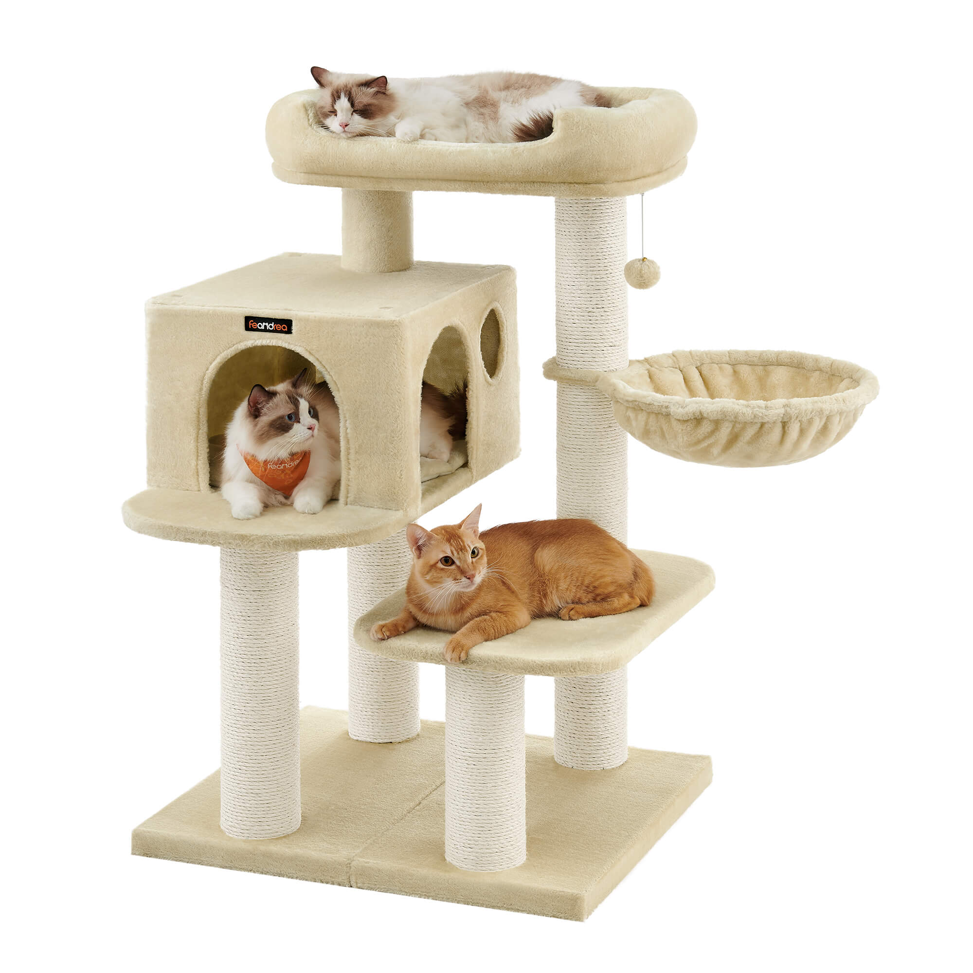 FEANDREA Raapimispuu XXL-näköalalla, riippumatto, suuri pesä, säädettävä osat, paksut sisalpäällysteiset pylväät, vakaa, beige