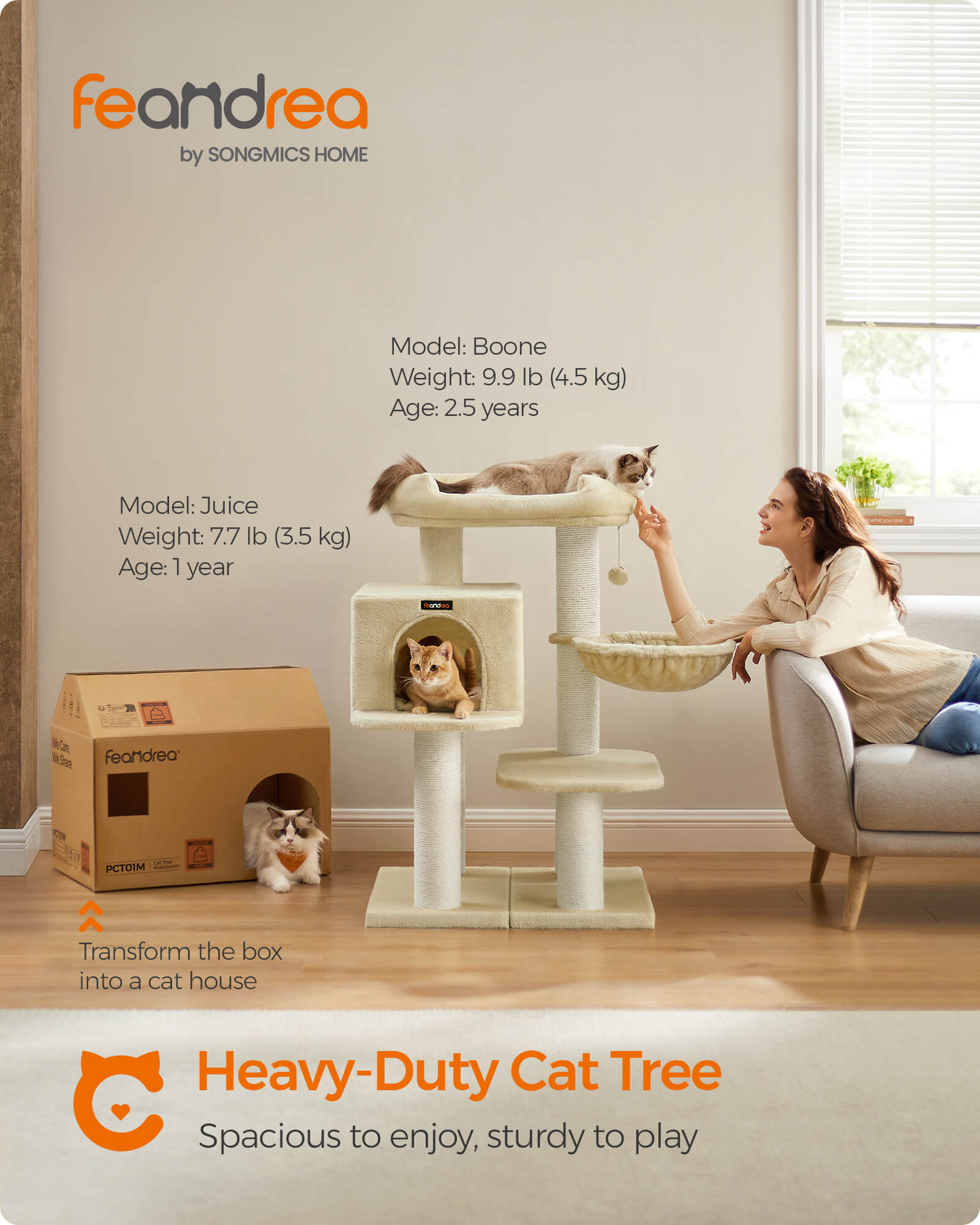 FEANDREA Raapimispuu XXL-näköalalla, riippumatto, suuri pesä, säädettävä osat, paksut sisalpäällysteiset pylväät, vakaa, beige