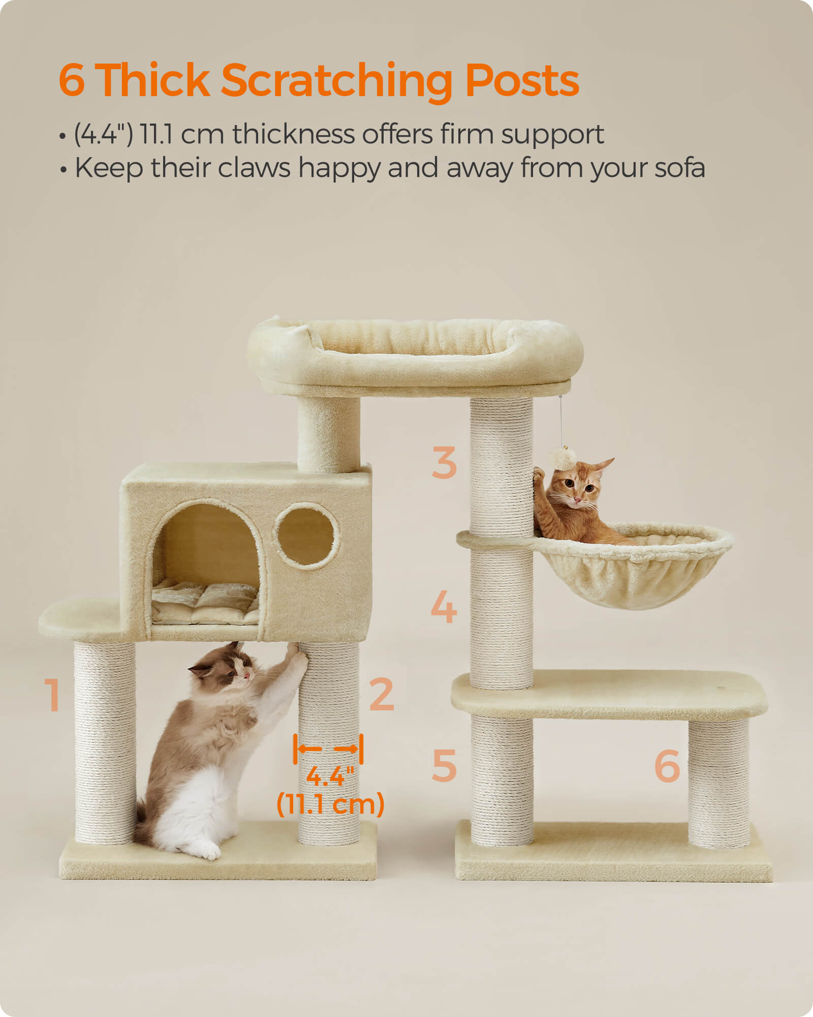 FEANDREA Raapimispuu XXL-näköalalla, riippumatto, suuri pesä, säädettävä osat, paksut sisalpäällysteiset pylväät, vakaa, beige