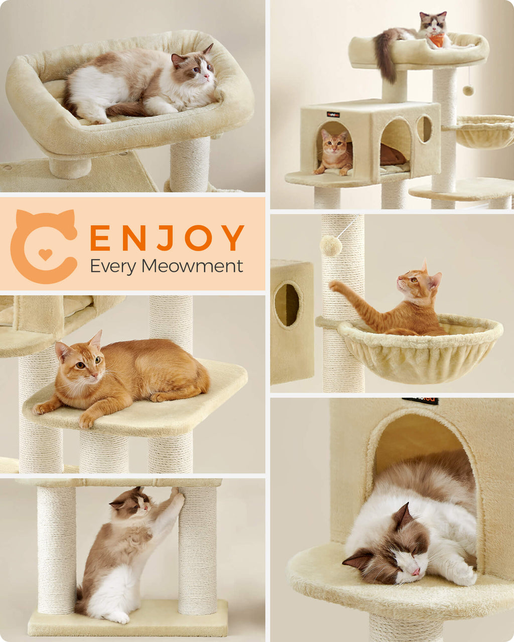 FEANDREA Raapimispuu XXL-näköalalla, riippumatto, suuri pesä, säädettävä osat, paksut sisalpäällysteiset pylväät, vakaa, beige