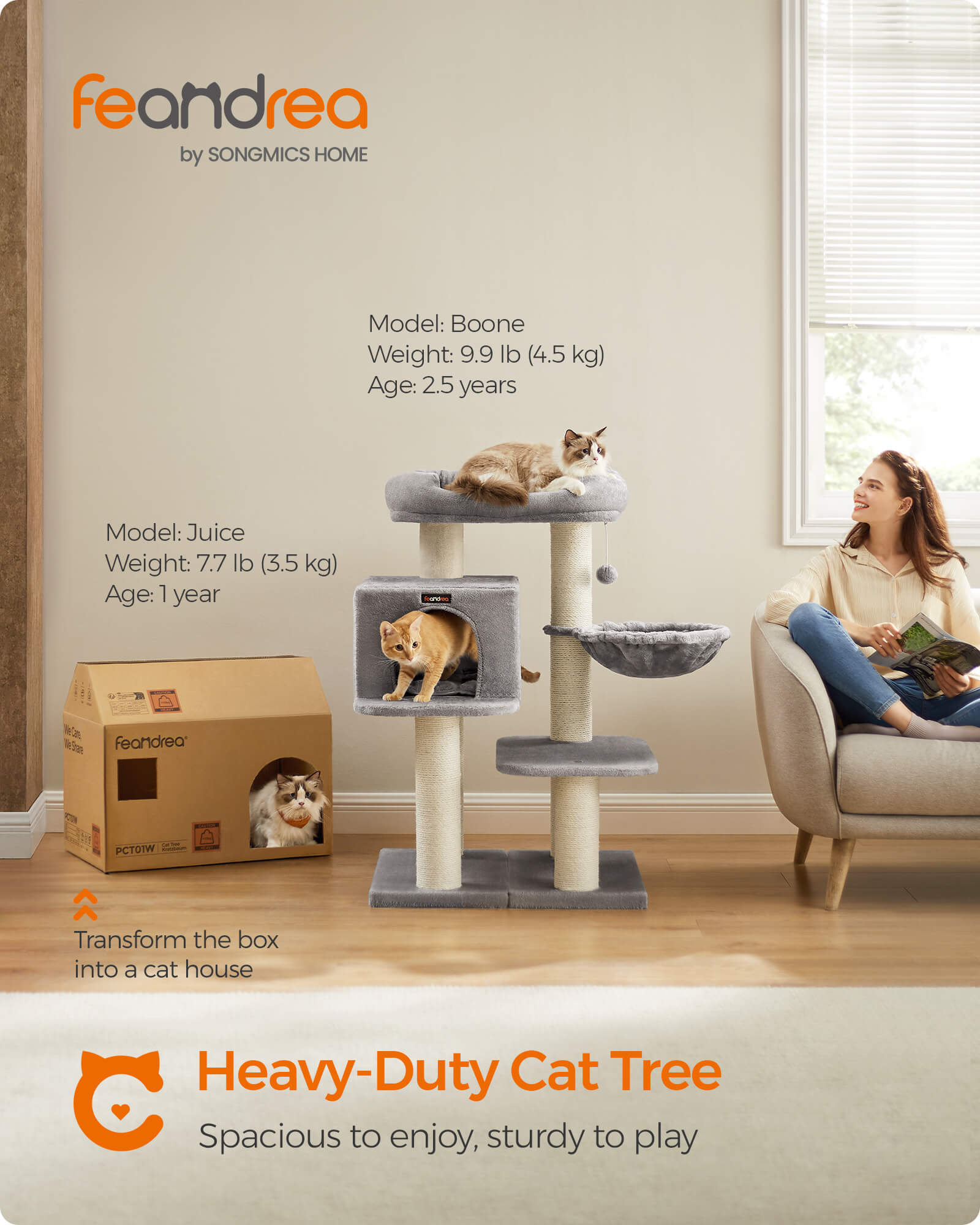 FEANDREA kissanpuutorni XXL-mukavalla tasolla, kori, sisalpylväät