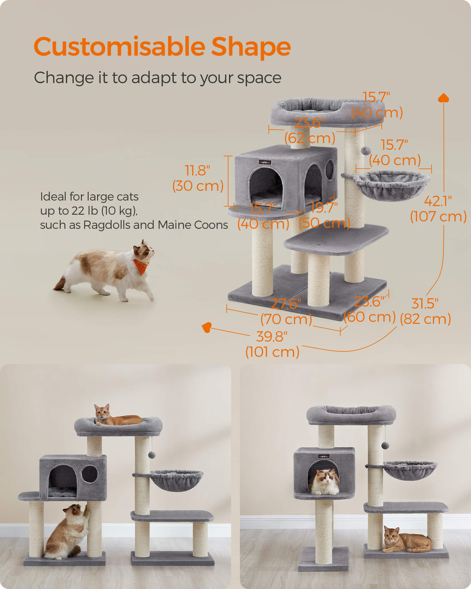 FEANDREA kissanpuutorni XXL-mukavalla tasolla, kori, sisalpylväät