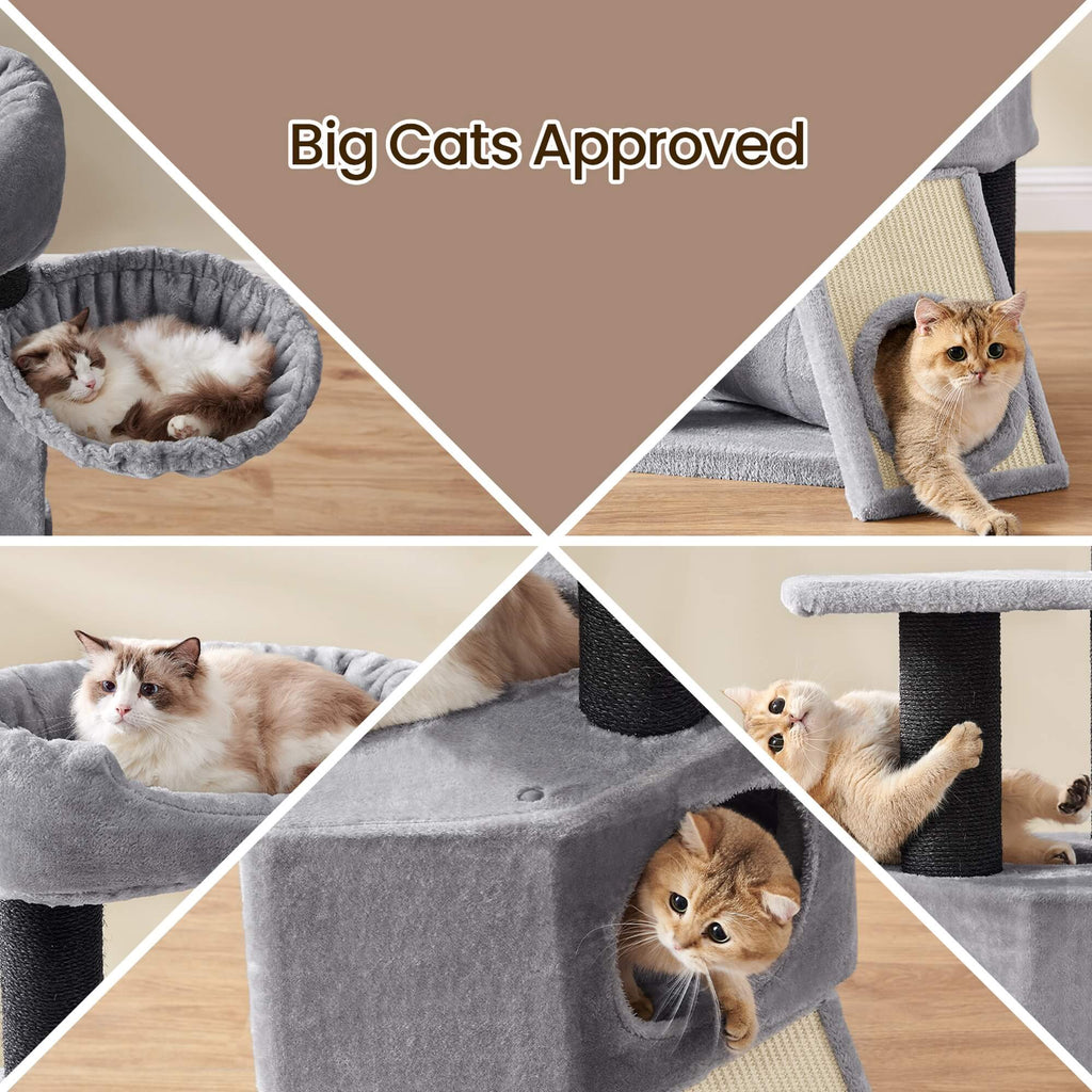 FEANDREA Raapimispuu suurille kissoille, näköalataso, penkki ja pehmoluola, tornimalli, erittäin paksut mustalla sisalilla päällystetyt tolpat, vakaa, vaaleanharmaa