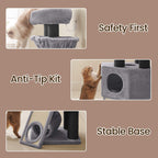 FEANDREA Raapimispuu suurille kissoille, näköalataso, penkki ja pehmoluola, tornimalli, erittäin paksut mustalla sisalilla päällystetyt tolpat, vakaa, vaaleanharmaa