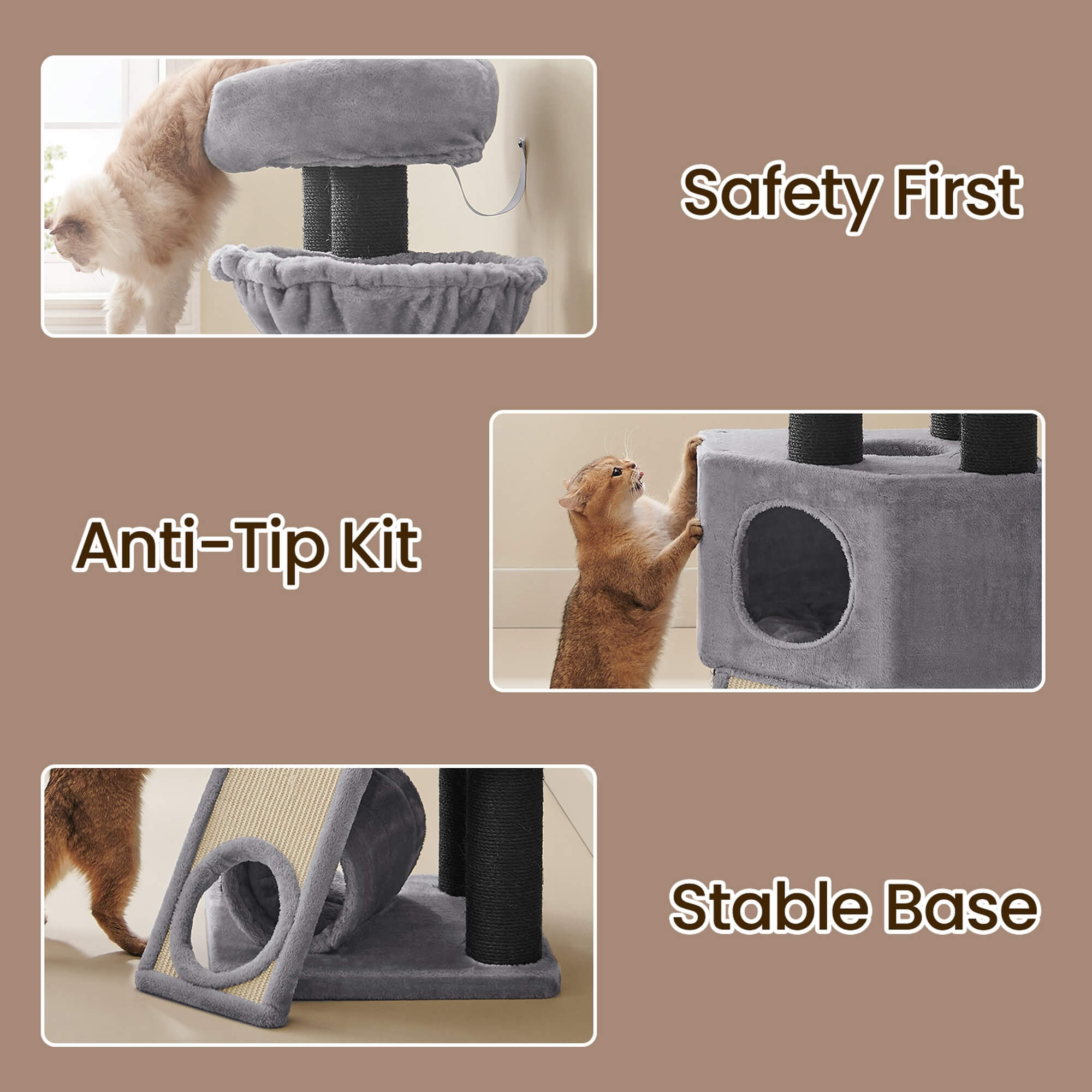 FEANDREA Raapimispuu suurille kissoille, näköalataso, penkki ja pehmoluola, tornimalli, erittäin paksut mustalla sisalilla päällystetyt tolpat, vakaa, vaaleanharmaa