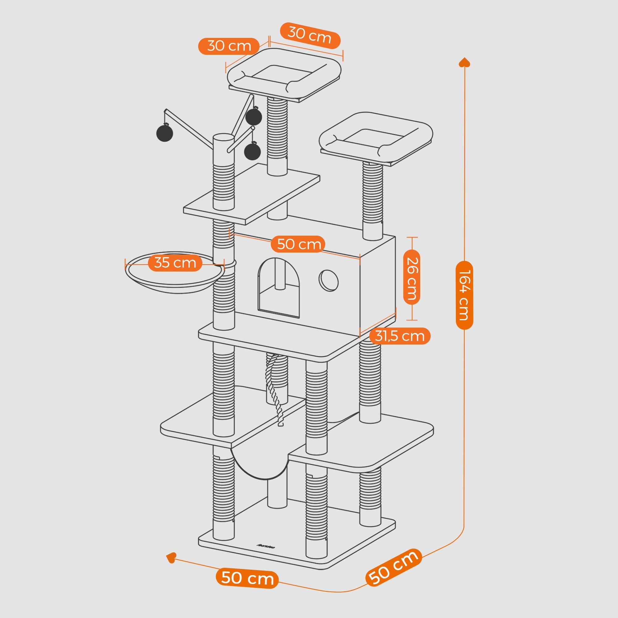 Feandrea Kissanpuu, suuri kissatorni, 164cm, riippumatolla, vaaleanharmaa