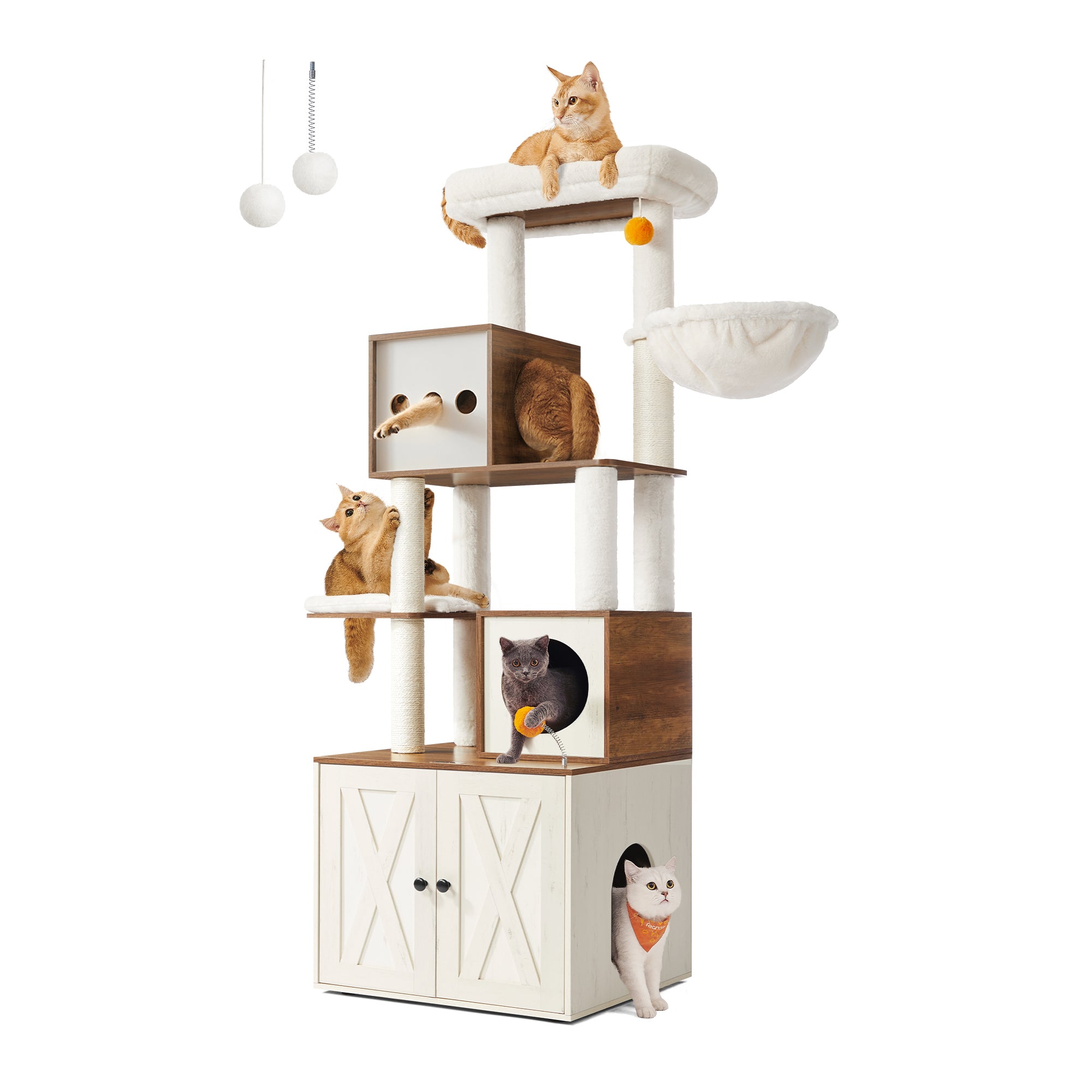 Feandrea Raapimispuu, kissanpuu hiekkalaatikkokaapilla, 180cm korkea, raapimispuu, pylväs, taso, pestävä tyyny, hunajanruskea-vintagevalkoinen