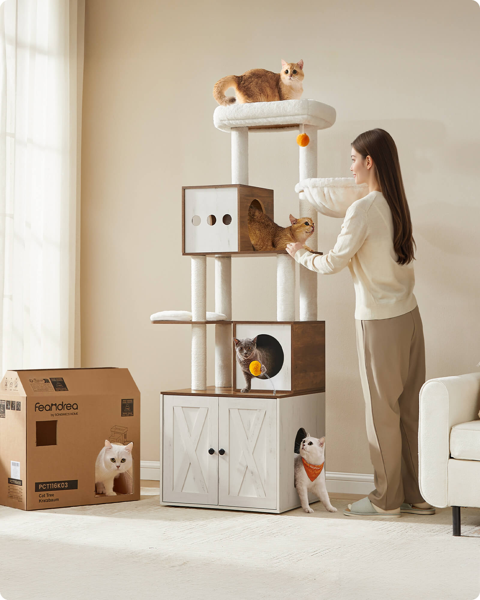 Feandrea Raapimispuu, kissanpuu hiekkalaatikkokaapilla, 180cm korkea, raapimispuu, pylväs, taso, pestävä tyyny, hunajanruskea-vintagevalkoinen