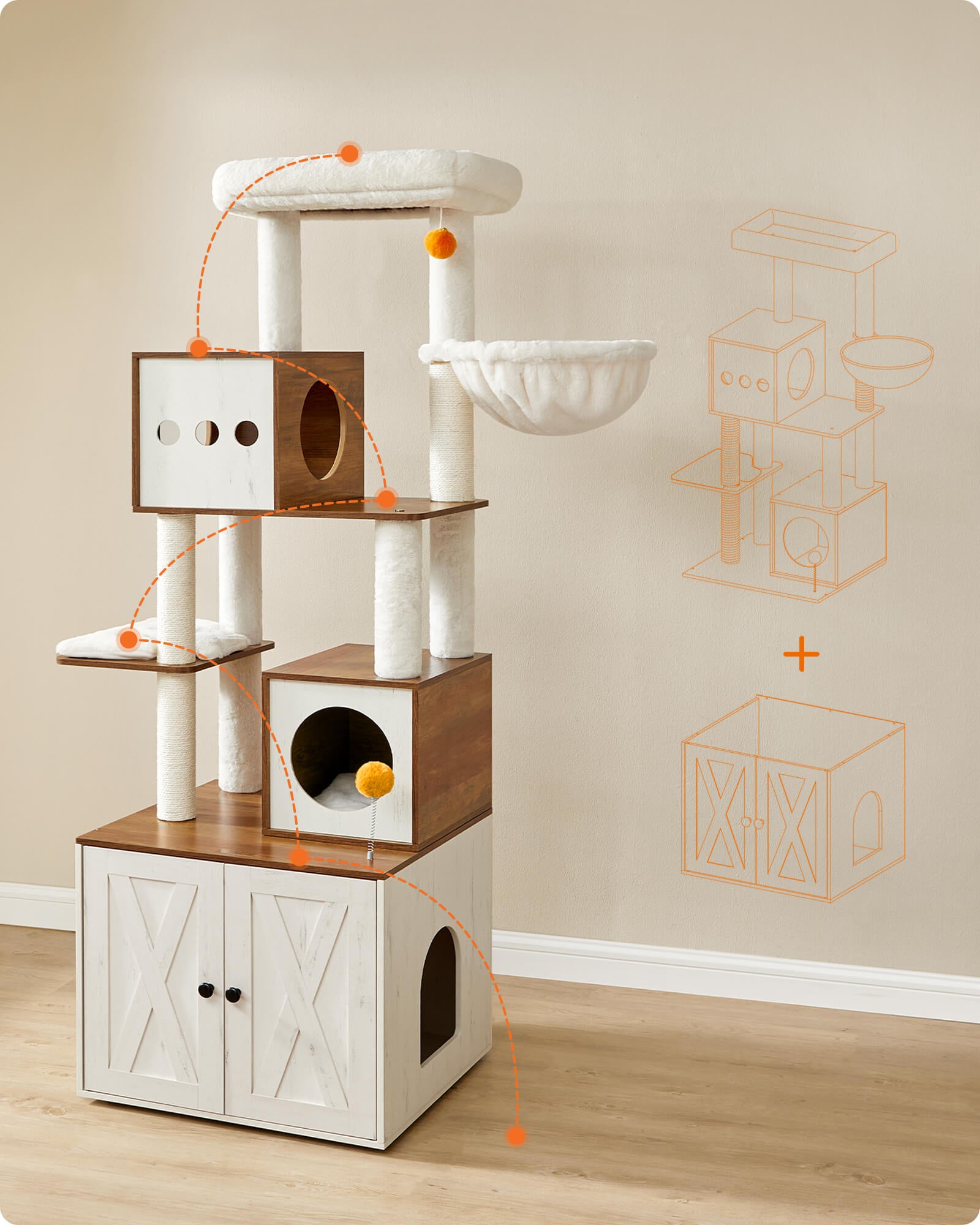 Feandrea Raapimispuu, kissanpuu hiekkalaatikkokaapilla, 180cm korkea, raapimispuu, pylväs, taso, pestävä tyyny, hunajanruskea-vintagevalkoinen