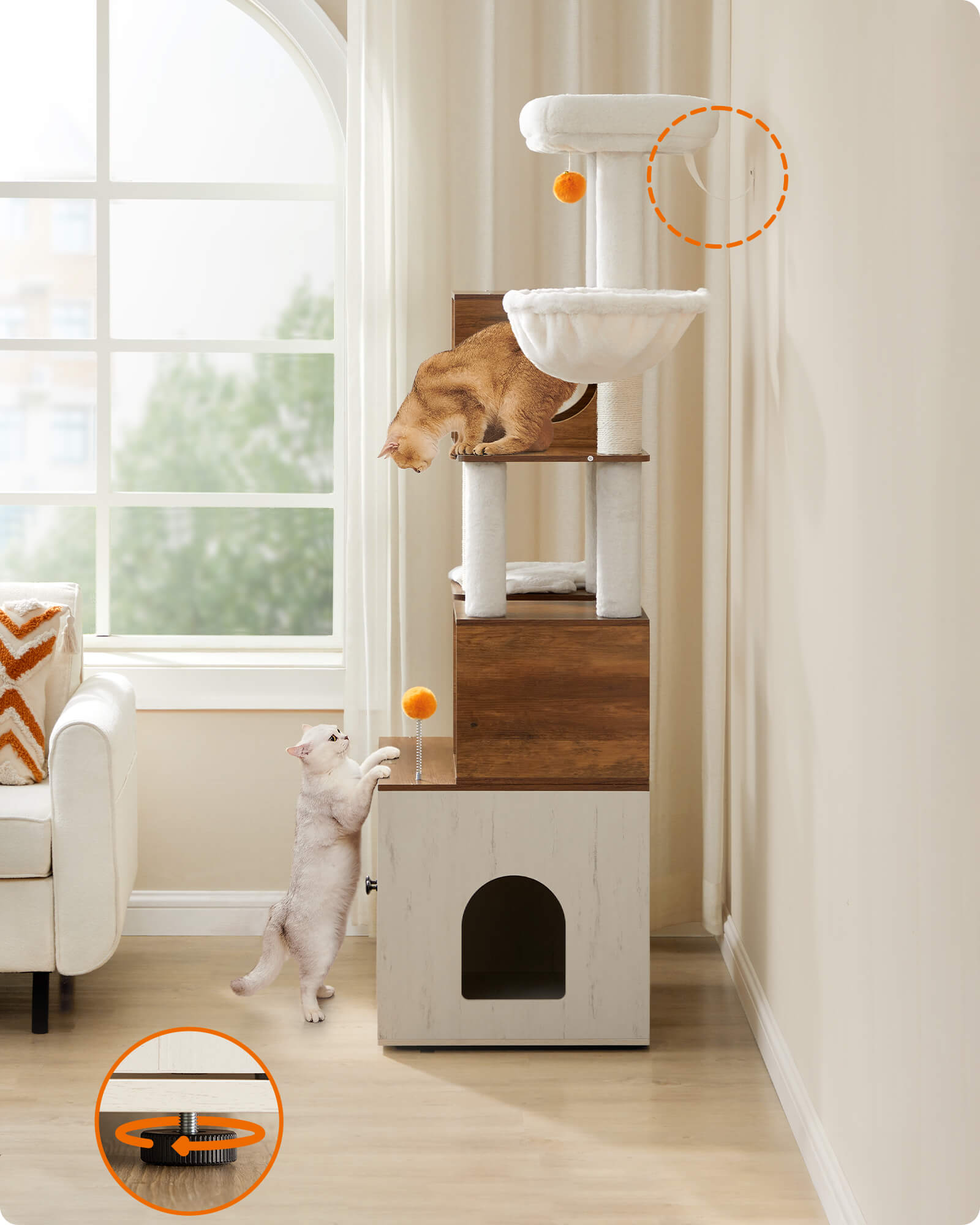 Feandrea Raapimispuu, kissanpuu hiekkalaatikkokaapilla, 180cm korkea, raapimispuu, pylväs, taso, pestävä tyyny, hunajanruskea-vintagevalkoinen