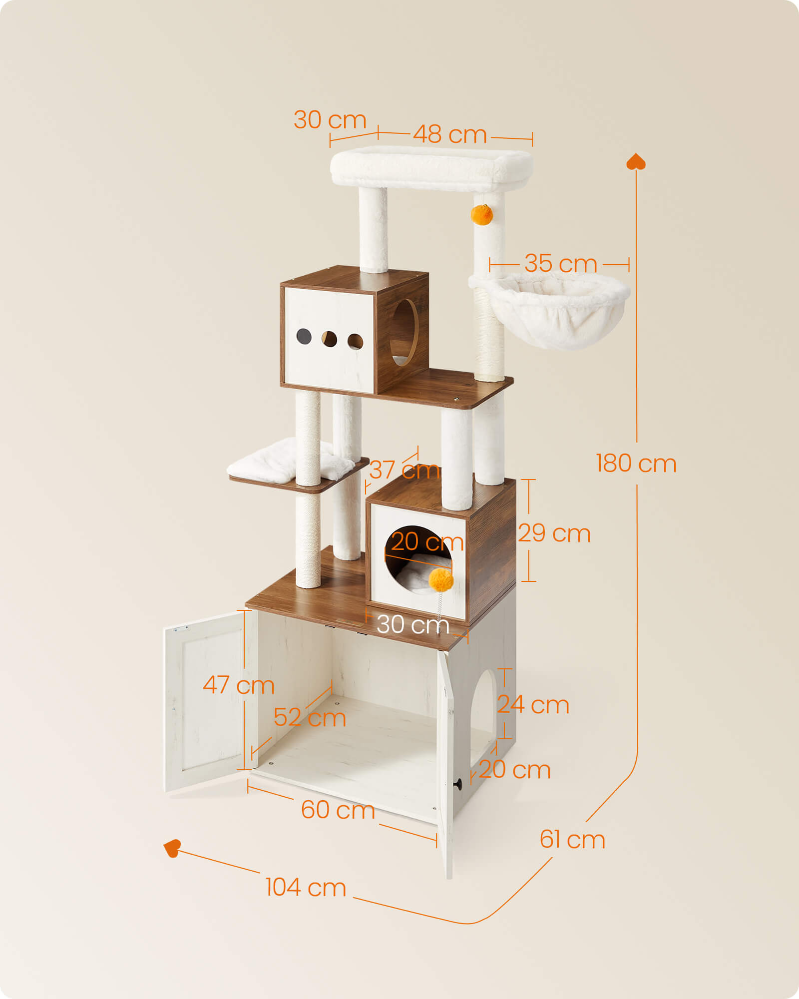 Feandrea Raapimispuu, kissanpuu hiekkalaatikkokaapilla, 180cm korkea, raapimispuu, pylväs, taso, pestävä tyyny, hunajanruskea-vintagevalkoinen