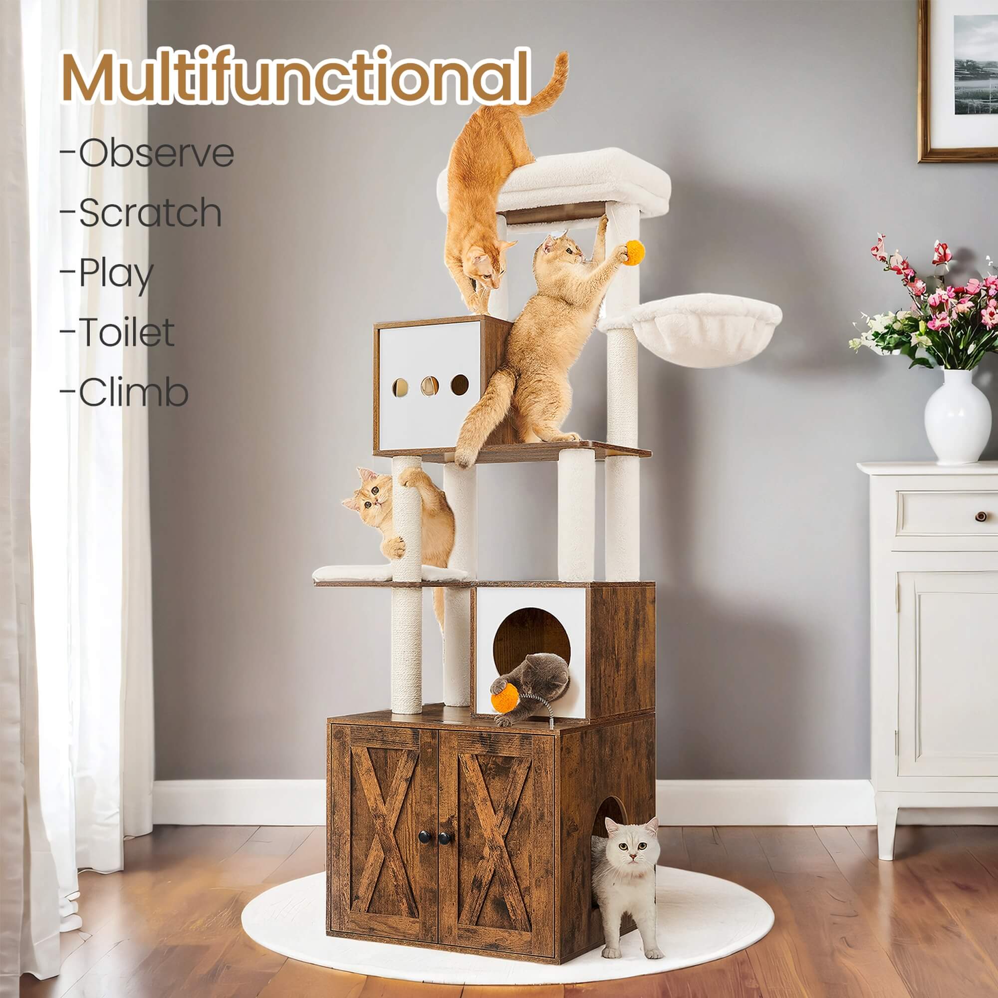 Feandrea Raapimispuu, kissanpuu hiekkalaatikkokaapilla, 185cm korkea, raapimispuu, pylväät, taso, pestävä tyyny, vintage-ruskea