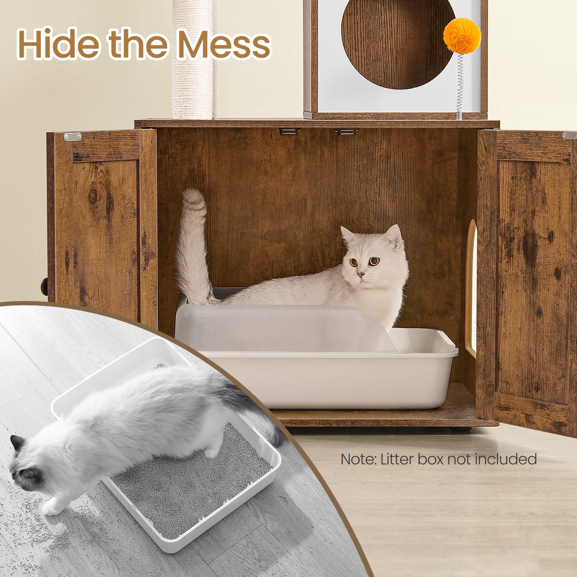 Feandrea Raapimispuu, kissanpuu hiekkalaatikkokaapilla, 185cm korkea, raapimispuu, pylväät, taso, pestävä tyyny, vintage-ruskea